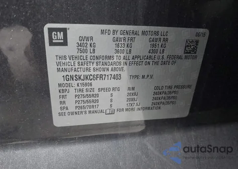 2015 Chevrolet Suburban 1500 Lt from USA, damaged, VIN 1GNSKJKC6FR717403